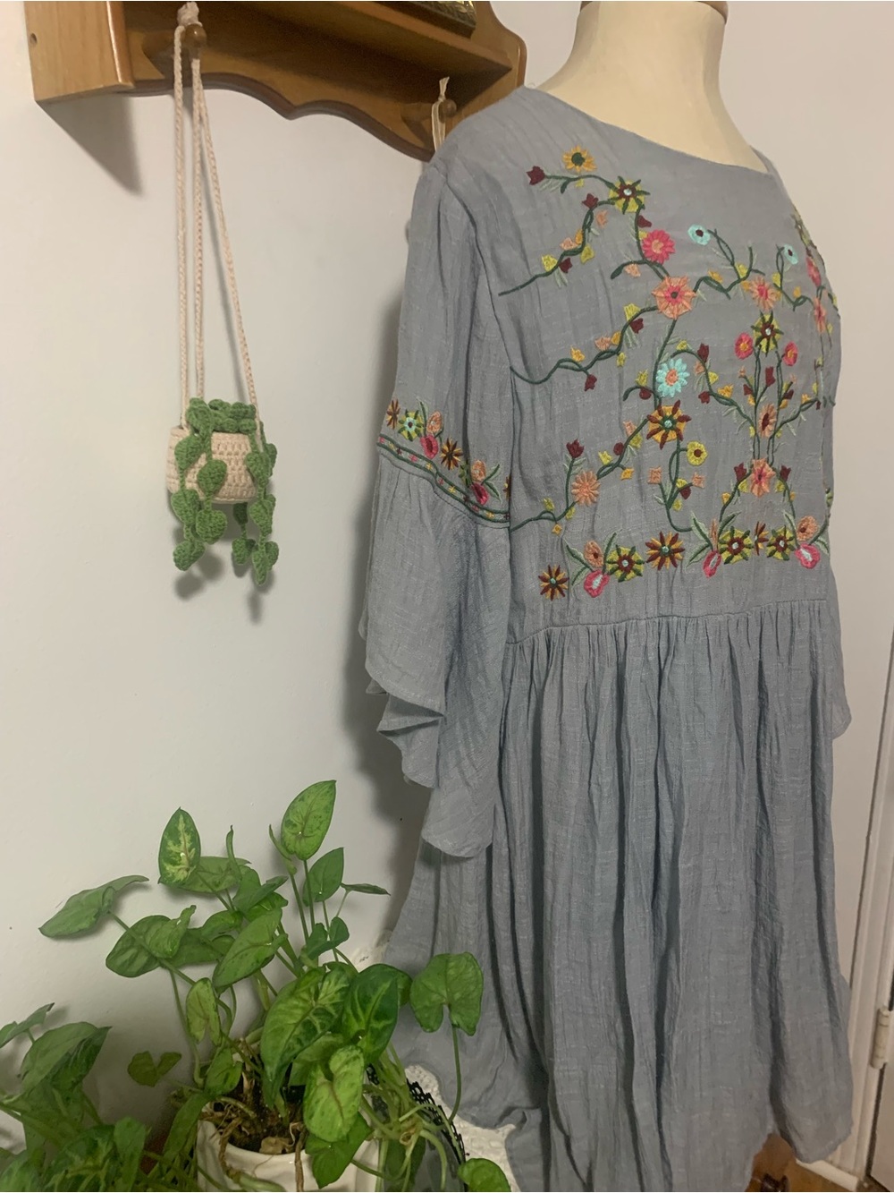 Umgee Blue Floral Boho Embroidered Size Large Babydoll Dress Cotton Blend - Picture 7 of 16